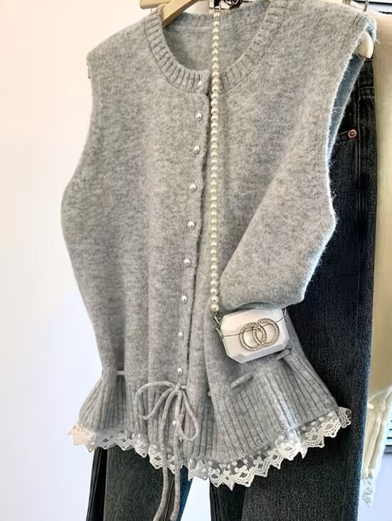 Sweaters - Women'S Round Neck Button-Up Sleeveless Lace Trim Hem Vest Sweater